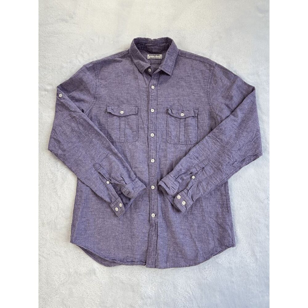 Express Linen/Cotton Blend Lilac Purple Roll Tap Button Up Shirt Size M, Classic
